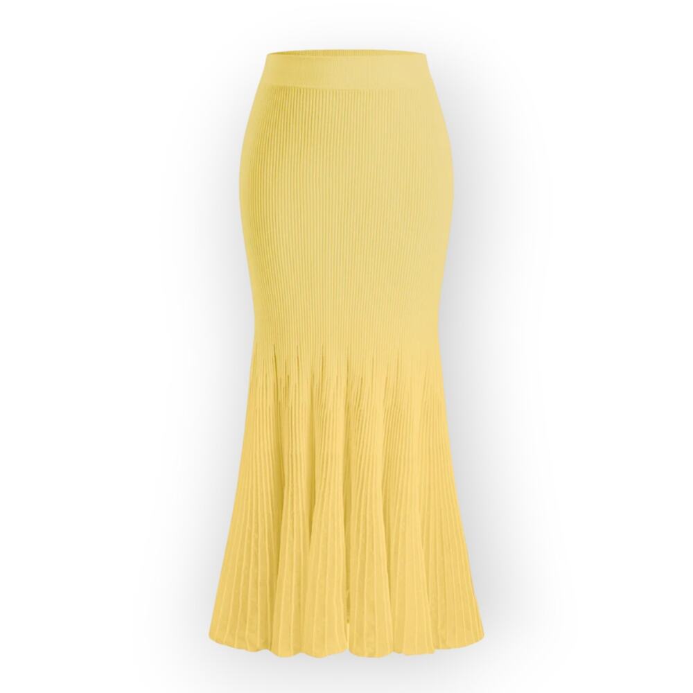 Commense Mesh Panel Pleated Knit Skirt – Yellow Midi Skirt NWT Size XL